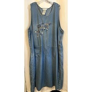 VTG 90s Sleeveless Denim Jumper Dress Embroidered Flowers 3X Grandmacore